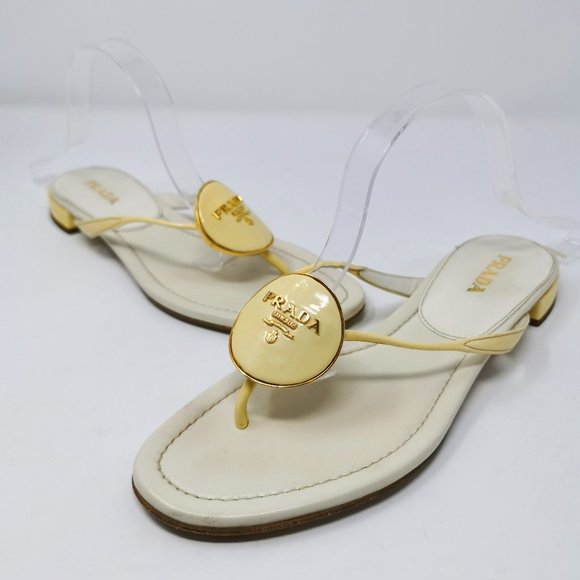 Prada Cream Enamel Logo Plaque Sandals - Picture 1 of 7